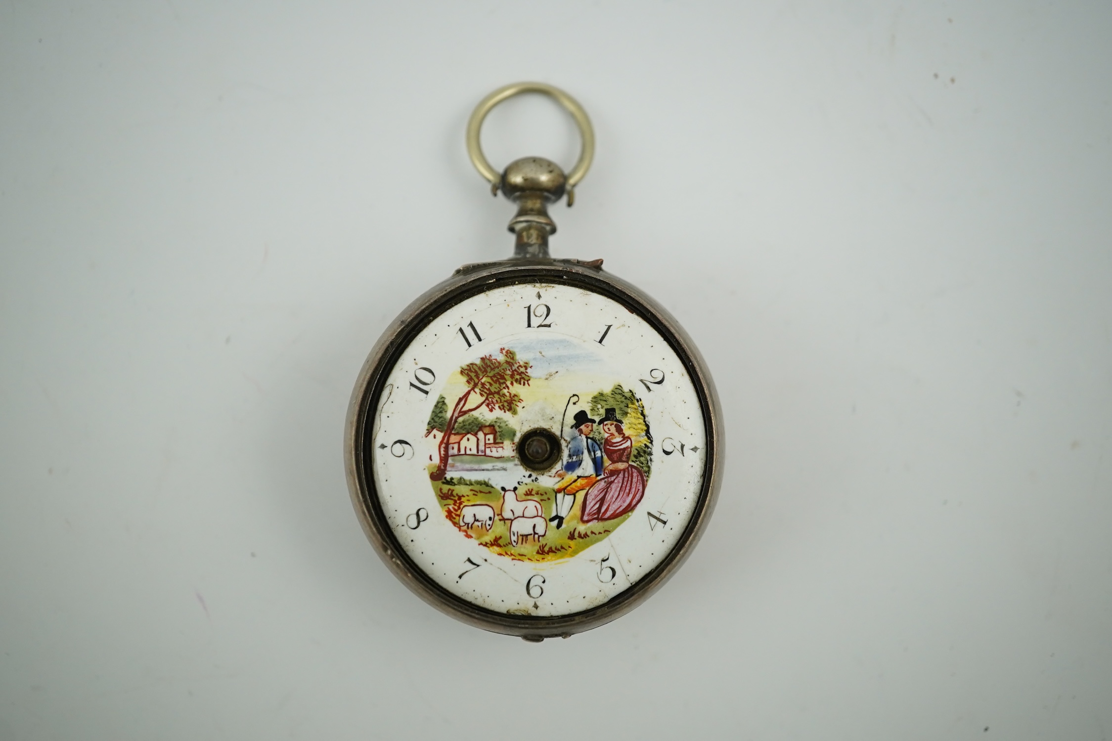 A George III silver verge key wind pocket watch, by Smith of Dublin, with painted dial, case diameter 41mm, lacking hands and glass. Condition - poor.